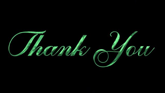 Phrase thank you in green script on black. Suitable for thank you cards, social media graphics, greeting cards, and stationery.