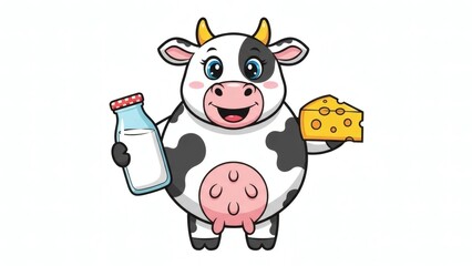Cute Cow Cartoon Character Holding Bottle of Milk and Piece of Cheese