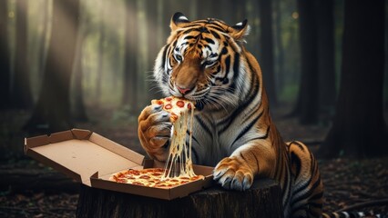 tiger eating pizza in a forest