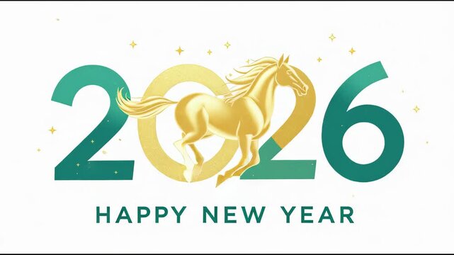 Animated golden horse running through 2026 numbers with Happy New Year text