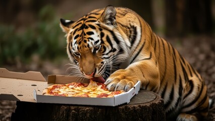 tiger eating pizza in a forest