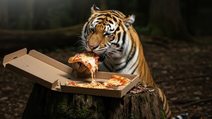 tiger eating pizza in a forest