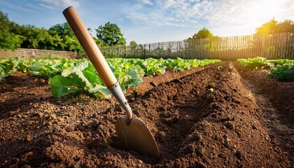 a garden hoe breaking up soil in a vegetable patch preparing the ground for planting symbolizing agricultural effort