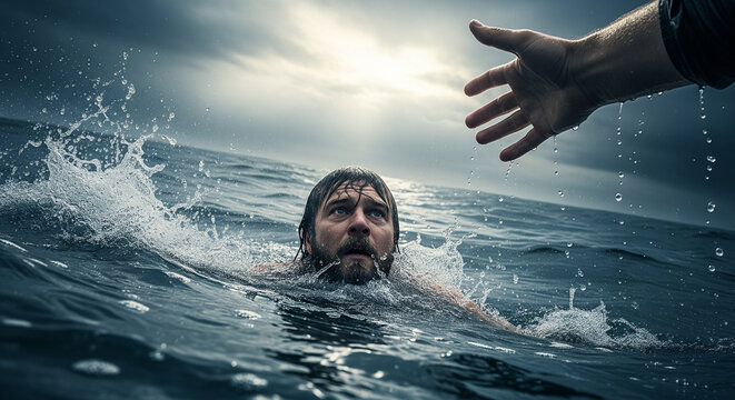 Biblical scene of Jesus Christ hand saving Apostle Peter from drowning in stormy sea.