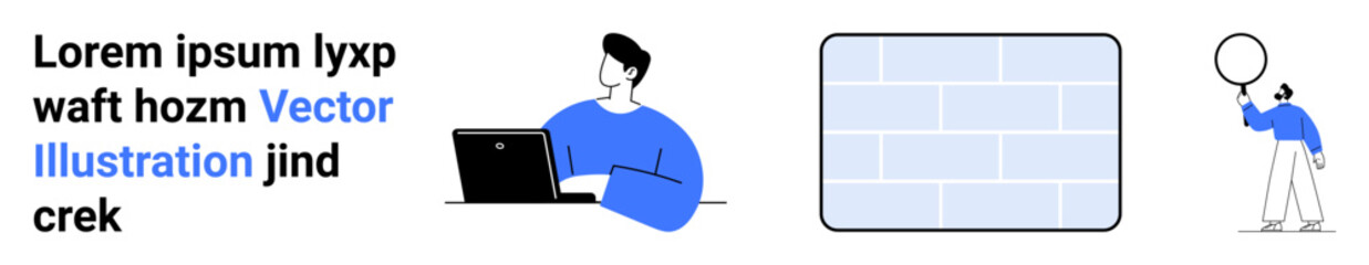 Man with laptop working, abstract brick wall, individual with magnifying glass engaging analysis. Ideal for productivity, research, technology, teamwork, focus, creativity simple landing page © robu_s