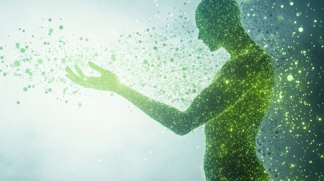 Silueta humana abstracta formada por part&iacute;culas verdes brillantes y energ&iacute;a.