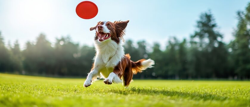  Perro Border Collie saltando para atrapar un disco rojo en el parque