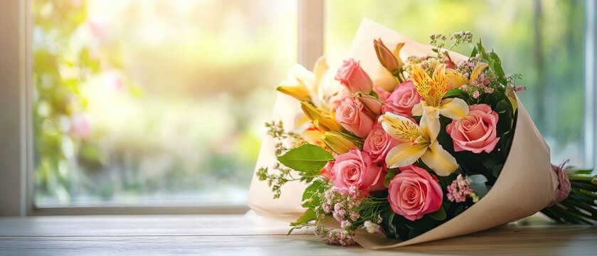  Hermoso ramo de rosas y lirios junto a la ventana ideal para el D&iacute;a de la Mujer.
