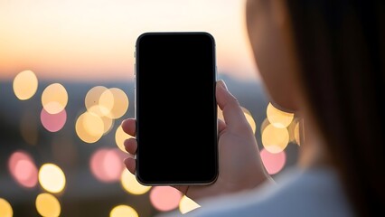 Woman taking photo with smartphone during vibrant city sunset