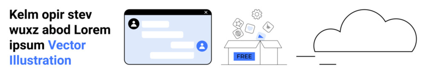Obraz premium Cloud storage, digital content, interface design, free access tools, user interaction, file sharing. Cloud with data box and free icons. Cloud storage and digital content