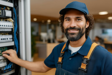 Smiling IT technician working on server cables inside office server room with professional tools visible