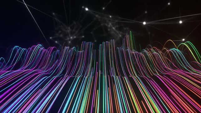 Vibrant Abstract Visualization of Sound Waves in Bright Neon Colors Against Black Background