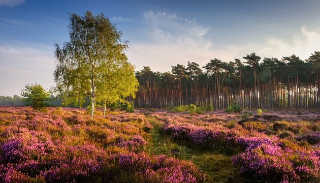 nice sunlight on heather flowers near a birch forest after rain in hulshorsterheide netherlands - Powered by Adobe