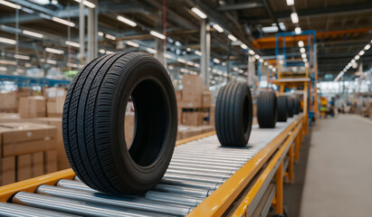 Fototapeta premium Used car tires moving on automated conveyor belt system inside modern industrial tire manufacturing factory
