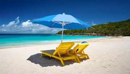 two yellow beach chairs and blue parasol in shoal bay beach caribbean dream and landscape anguilla island british west indies