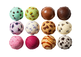 Twelve distinct artisanal ice cream scoops in a precise grid, showcasing vibrant colors and exquisite textures on a transparent background with copy space, high-end dessert advertising concept
