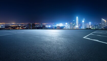 empty parking lot at night with city skyline in the background the background is blurry due to bright stadium lights