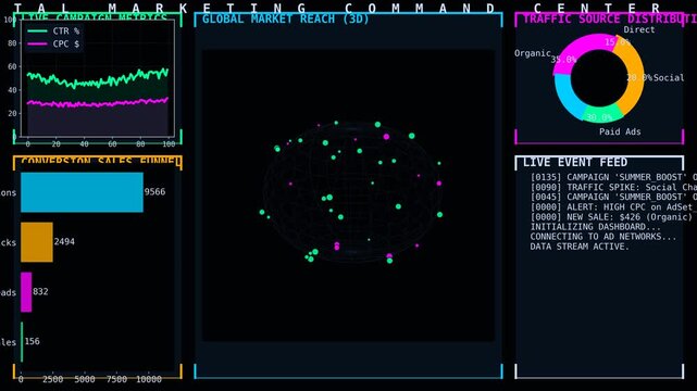 Digital Marketing Command Center Dashboard Showing Global Market Reach, Campaign Metrics, Traffic Source Distribution and Live Conversion Analytics