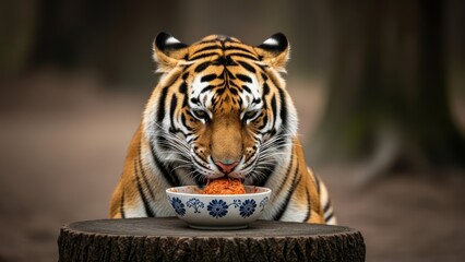tiger eating meatball in a forest