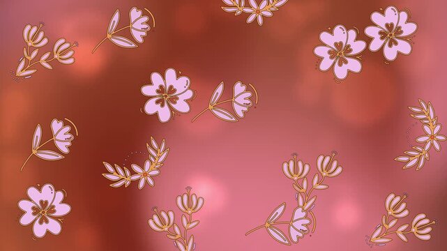 Aesthetic floral pattern design with delicate pink and gold outlined flowers and leaves scattered across a warm, soft gradient background, creating a dreamy and elegant visual for various creative pro