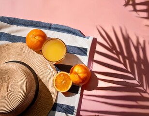 summer scene hat oranges and a book on a striped towel all on a pink background with palm tree shadows enjoy a relaxing beach day
