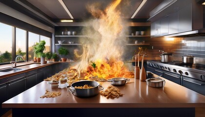 cooking disaster unfolds in a modern kitchen during a busy dinner hour