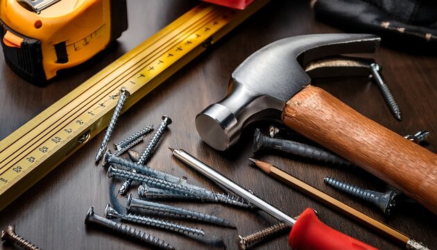 a close up of various tools laid out neatly on a workbench hammer tape measure screws ready for a furniture assembly