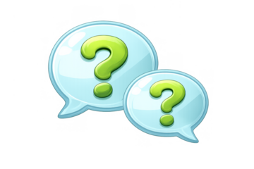 Two green question mark symbols appearing in blue chat speech bubbles, representing frequently asked questions and support