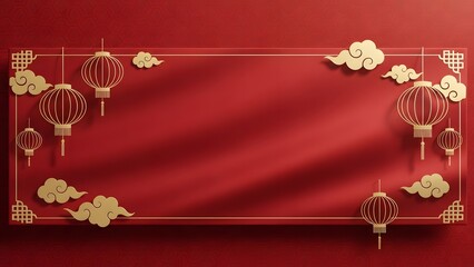 Chinese New Year Premium Red Background With Golden Lantern Border And Soft Shadow