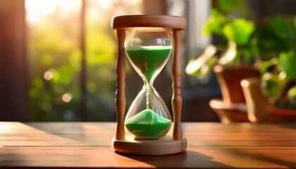 traditional wooden hourglass with green sand flowing on a tabletop bathed in sunlight