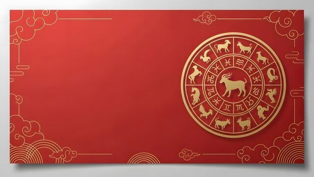 Chinese New Year Zodiac Circle Red Background With Golden Astrology Symbols