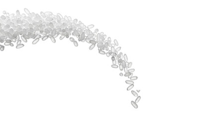 Elongated, white crystalline granules, like rice or sugar, with specular reflections, in dynamic arc on transparent, extreme macro, purity and precision concept
