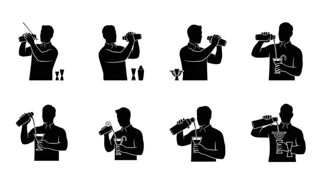 Bartender Silhouette Vector Icon Set on White Background