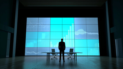 A digital screen, graphs, and charts with a manager delivering a business presentation