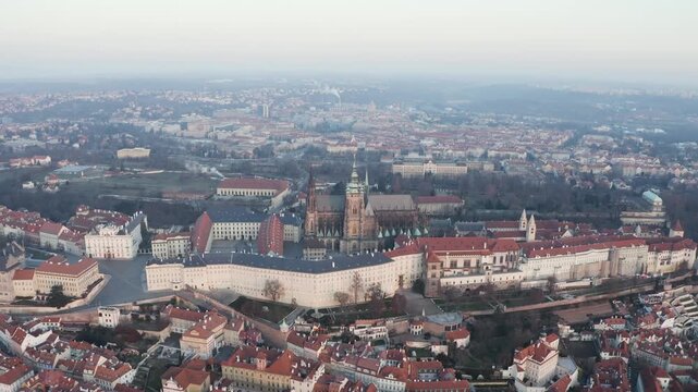 Aerial Drone View of St. Vitus Cathedral and Prague Castle at Sunrise, 4K