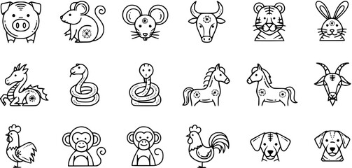 Obraz premium Line Art Icons Set of the 12 Chinese Zodiac Animals. Outline Horoscope Symbols.