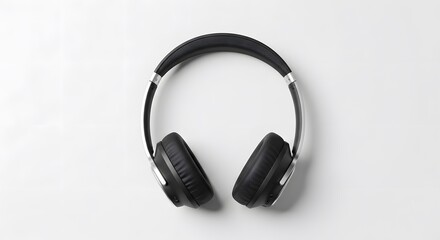 Overhead view of black silver headphones on a white surface