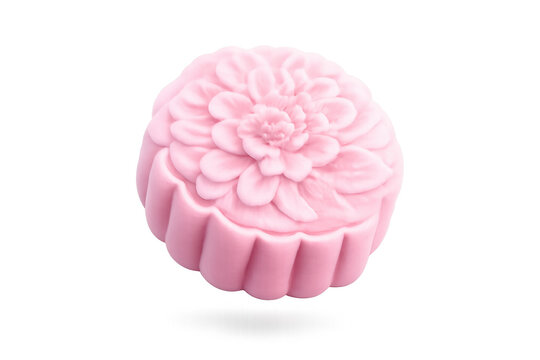 Pink snow skin mooncake featuring an intricate flower design on a clear surface, a delightful treat perfect for festive occasions
