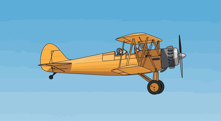 Pilot flies a yellow biplane through the sky © Jaka