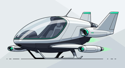 Fototapeta premium Futuristic personal aircraft hovering, concept of future transport.
