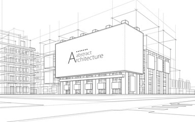 Imaginative abstract architectural construction outline drawing highlighted by a billboard mockup design.
