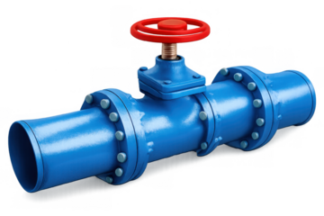 Blue industrial pipeline with a red handwheel valve, controlling liquid or gas flow. Connection systems for engineering and plumbing