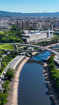 Traffic Road In Marginal Tiete Sao Paulo Brazil. Stunning Landscape Of Highway Road Viewed From Above. Business Clouds Sky Downtown Cityscape. Business Backgrounds Panoramic.