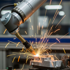 Macro view of an industrial robot welding metal with sparks