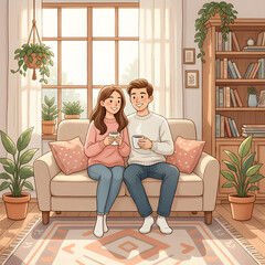 Obraz premium Young couple relaxing on a sofa with coffee in a cozy living room