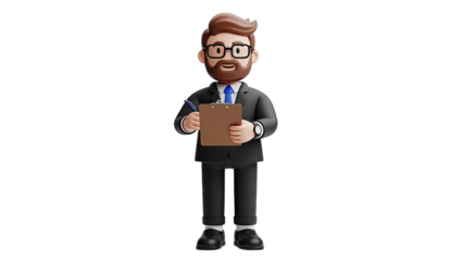 3D Cartoon Businessman with Clipboard and Pen