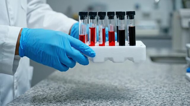 A person in blue gloves carries a rack filled with test tubes containing diverse liquids.