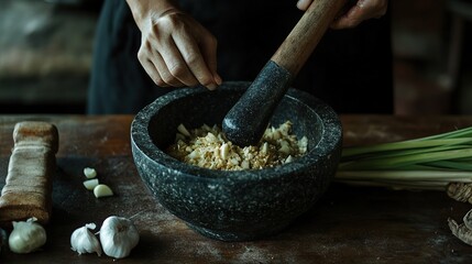 Culinary Artistry: Hands Preparing Garlic and Spices in a Stone Mortar