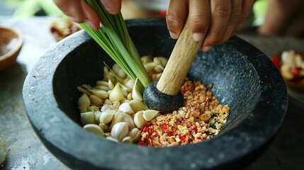 Hands Grinding Spices in Mortar and Pestle