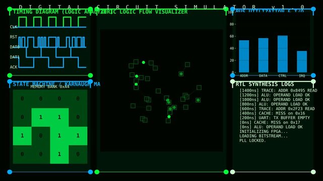 Digital Circuit Simulator Dashboard Showing Timing Diagrams, Logic Flow Visualization, Karnaugh Map, RTL Synthesis Logs and Performance Metrics